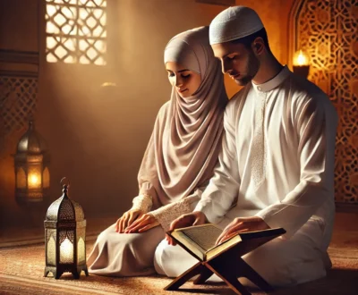 A serene, heartfelt scene of a Muslim couple praying together in a softly lit home, with an emphasis on tranquility and faith. The setting includes prayer rugs, warm lighting, and a Quran on a small table in the background. The atmosphere conveys unity, love, and spiritual connection. 🕌💞✨