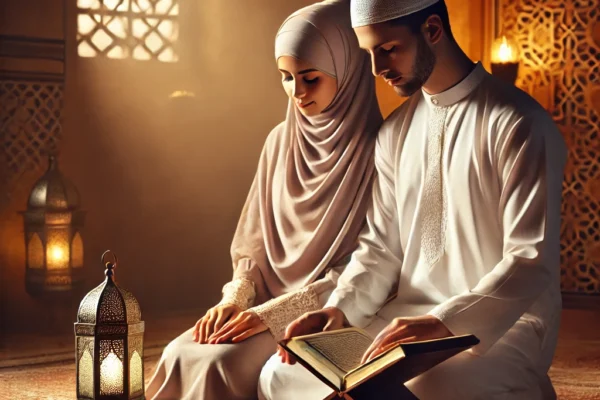 A serene, heartfelt scene of a Muslim couple praying together in a softly lit home, with an emphasis on tranquility and faith. The setting includes prayer rugs, warm lighting, and a Quran on a small table in the background. The atmosphere conveys unity, love, and spiritual connection. 🕌💞✨