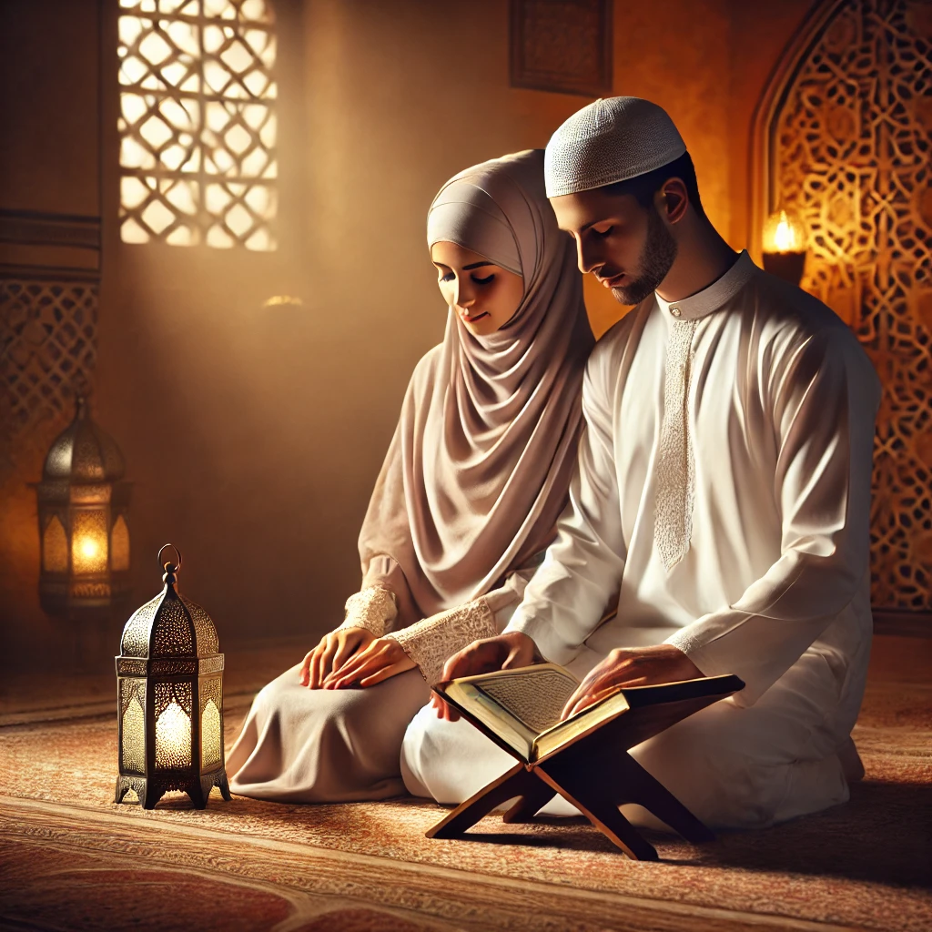 A serene, heartfelt scene of a Muslim couple praying together in a softly lit home, with an emphasis on tranquility and faith. The setting includes prayer rugs, warm lighting, and a Quran on a small table in the background. The atmosphere conveys unity, love, and spiritual connection. 🕌💞✨