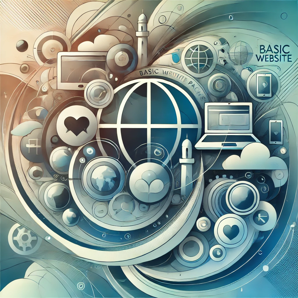 An abstract image representing a 'Basic Website Package' for small organizations like mosques or charities. The design should feature smooth lines and shapes suggesting simplicity and user-friendliness, with symbols like a stylized globe or a laptop to represent a website. Include subtle elements hinting at mobile responsiveness, such as overlapping smartphone and tablet shapes, to indicate cross-device compatibility. Use soft blues and greens to convey a calm and approachable feel, reflecting the accessible and supportive nature of the package. The overall style should be modern and clean.