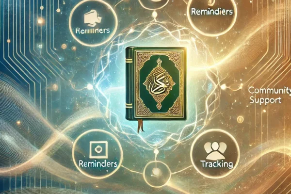 An abstract illustration capturing the essence of a digital Quran memorization buddy system. The design focuses on connectivity, support, and progress tracking, symbolized by the central Quran, surrounding icons, and the partner figures.