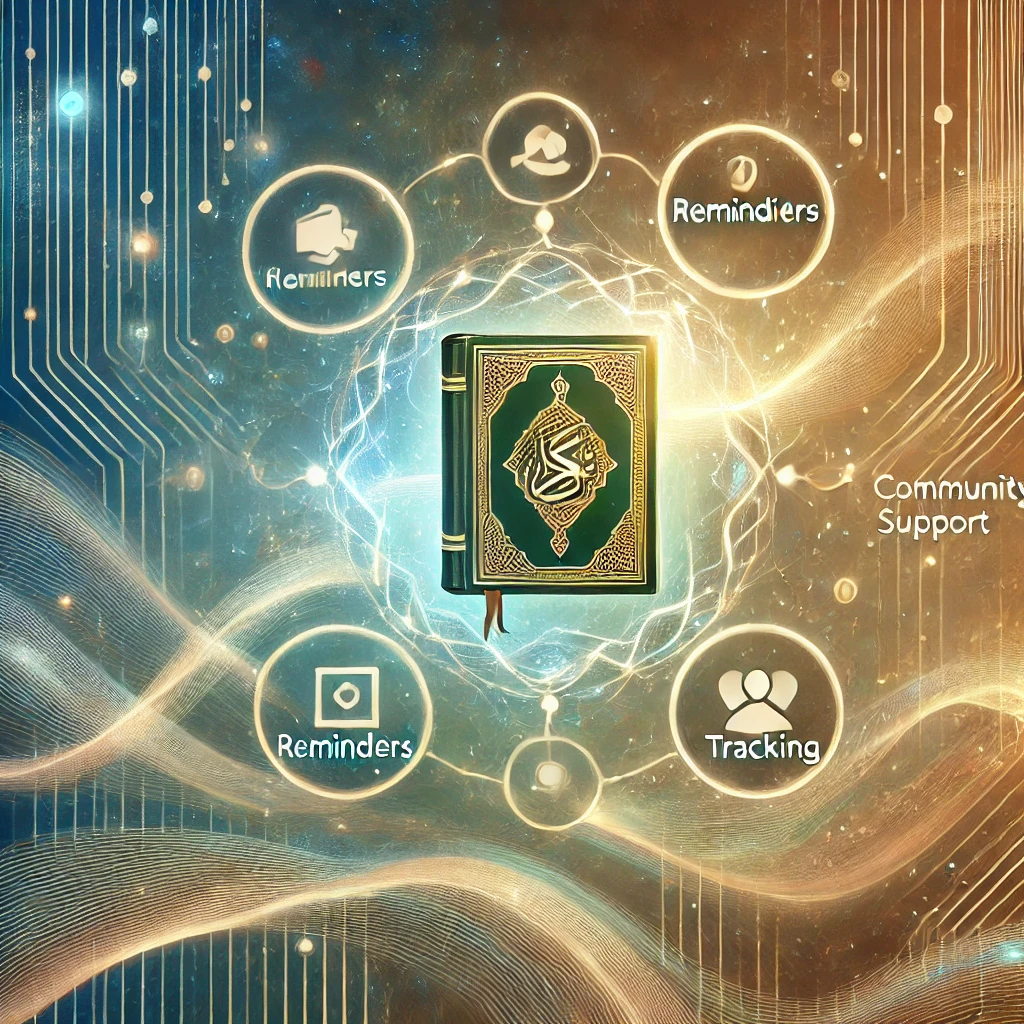 An abstract illustration capturing the essence of a digital Quran memorization buddy system. The design focuses on connectivity, support, and progress tracking, symbolized by the central Quran, surrounding icons, and the partner figures.