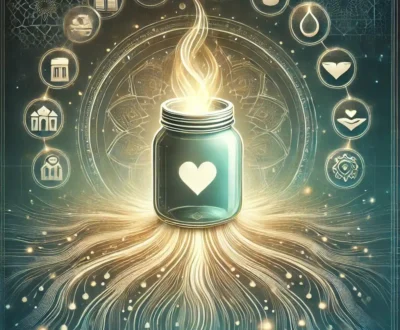 An abstract image capturing the essence of the Virtual Sadaqah Jar App. It features the glowing digital jar symbolizing blessings and generosity, with icons representing various charitable causes. The serene color palette and subtle Islamic geometric patterns in the background evoke a sense of spirituality and purpose.