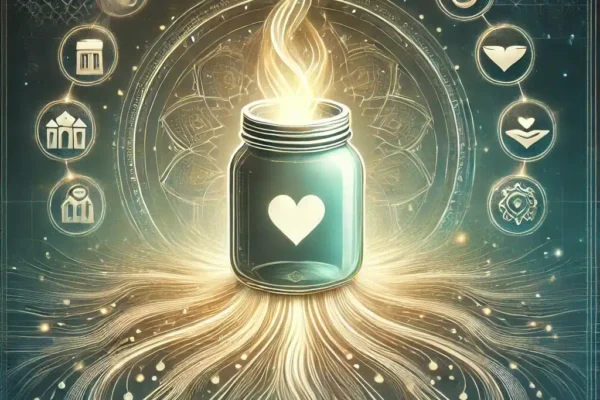 An abstract image capturing the essence of the Virtual Sadaqah Jar App. It features the glowing digital jar symbolizing blessings and generosity, with icons representing various charitable causes. The serene color palette and subtle Islamic geometric patterns in the background evoke a sense of spirituality and purpose.