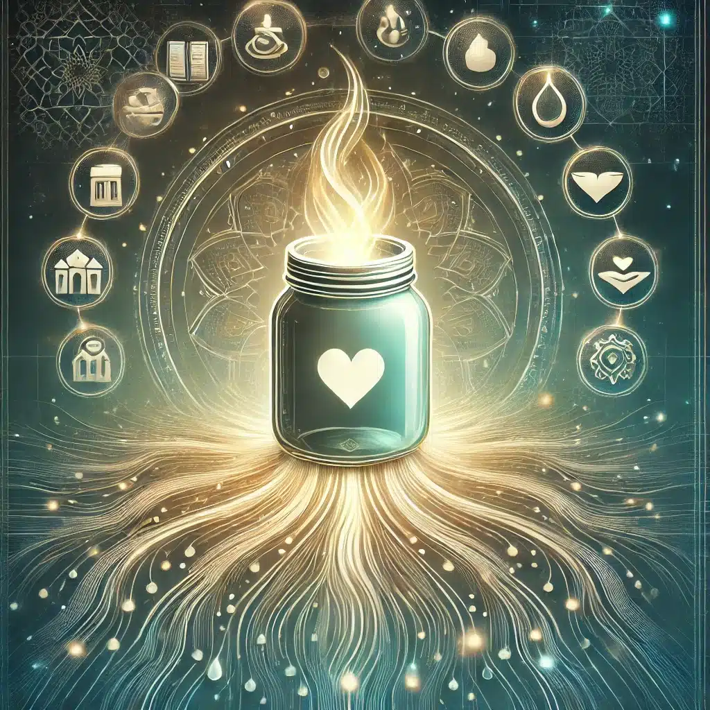 An abstract image capturing the essence of the Virtual Sadaqah Jar App. It features the glowing digital jar symbolizing blessings and generosity, with icons representing various charitable causes. The serene color palette and subtle Islamic geometric patterns in the background evoke a sense of spirituality and purpose.