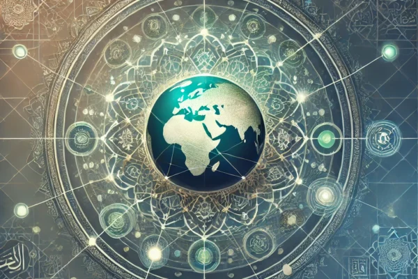 An abstract image representing the Global Islamic Knowledge Exchange Forum. It reflects the themes of global connectivity, Islamic tradition, and shared knowledge, with symbolic elements like interconnected geometric patterns and a central globe.