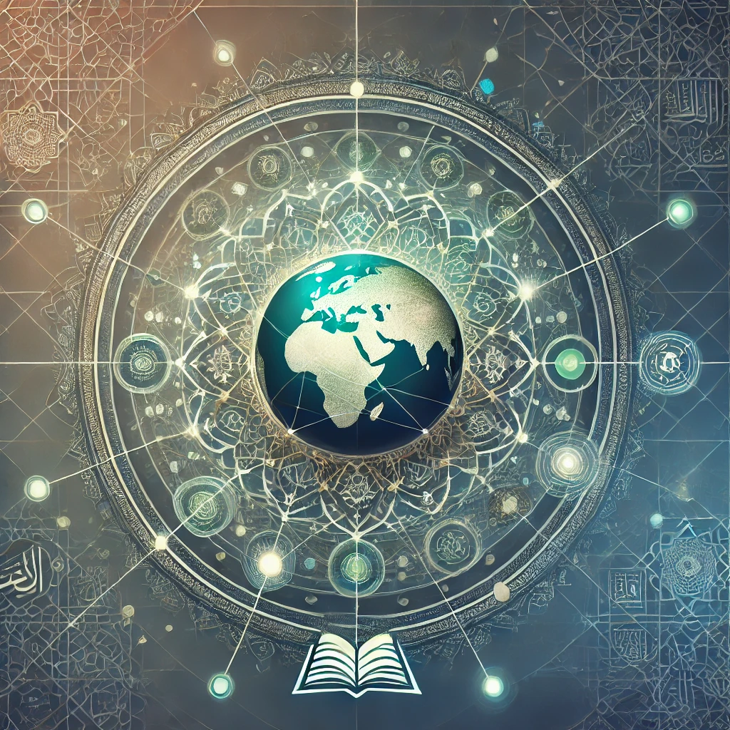 An abstract image representing the Global Islamic Knowledge Exchange Forum. It reflects the themes of global connectivity, Islamic tradition, and shared knowledge, with symbolic elements like interconnected geometric patterns and a central globe.