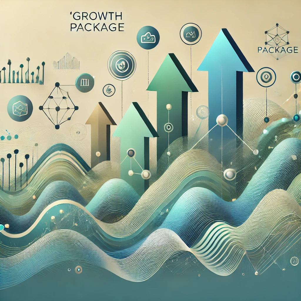 An abstract image representing the 'Growth Package' for digital marketing services. The image should evoke a sense of expansion, progress, and connectivity, suitable for Islamic educational institutes and medium-sized charities. Use shapes like upward arrows or ascending lines to symbolize growth, alongside soft gradients in shades of green and blue to represent development and trust. Include elements like abstract network lines or wave patterns to convey the idea of building connections through social media and email marketing. The design should feel modern and uplifting, suggesting a path to greater reach and impact.