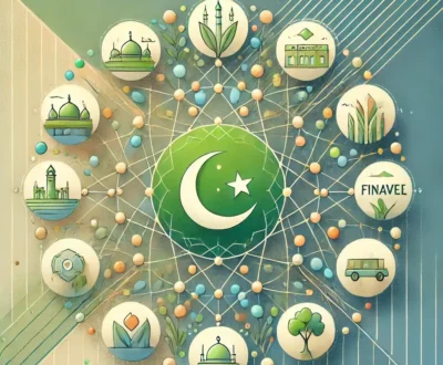 the abstract digital illustration representing the halal marketplace, with interconnected nodes, a central crescent moon symbol for trust, and icons for key industries.