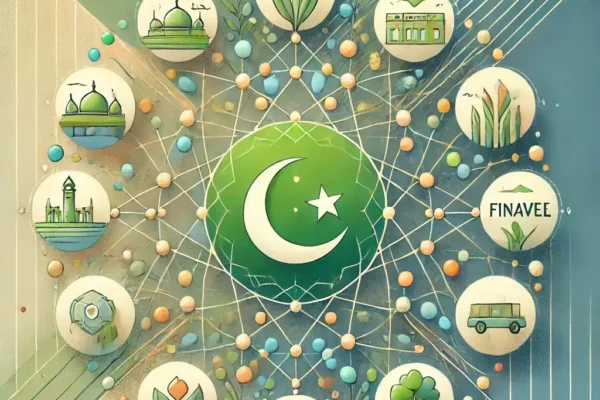 the abstract digital illustration representing the halal marketplace, with interconnected nodes, a central crescent moon symbol for trust, and icons for key industries.