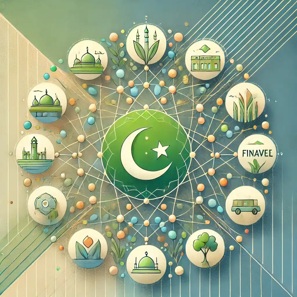 the abstract digital illustration representing the halal marketplace, with interconnected nodes, a central crescent moon symbol for trust, and icons for key industries.