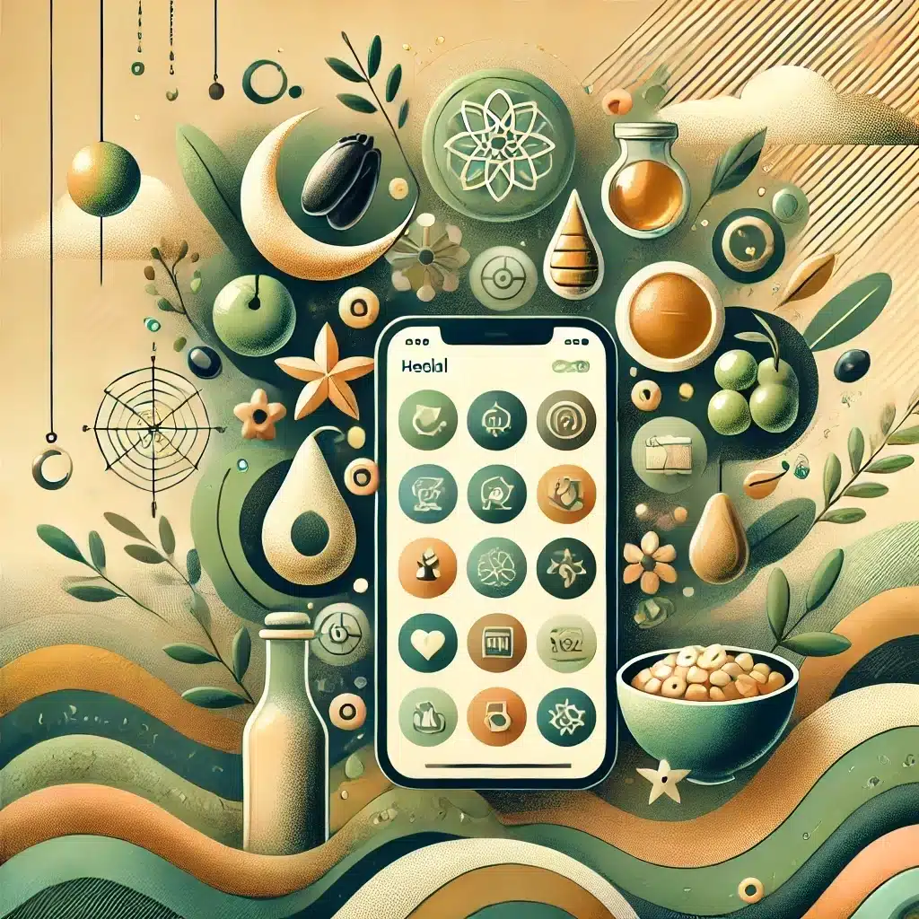 an abstract illustration for the Halal Recipe and Meal Planner app, capturing the balance of wellness, faith, and ease of use.