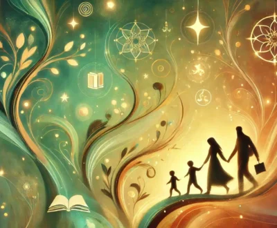 A warm, abstract digital illustration shows a family-centered journey through interactive learning. Silhouettes of children and parents walk along a glowing, branching path filled with icons of stars and books, symbolizing knowledge, compassion, and growth. The background features calming hues of green and gold, with soft edges and fluid lines that evoke a sense of spirituality and connection. The scene radiates tranquility, using smooth gradients and gentle glows to create an inviting, immersive atmosphere for learning together.