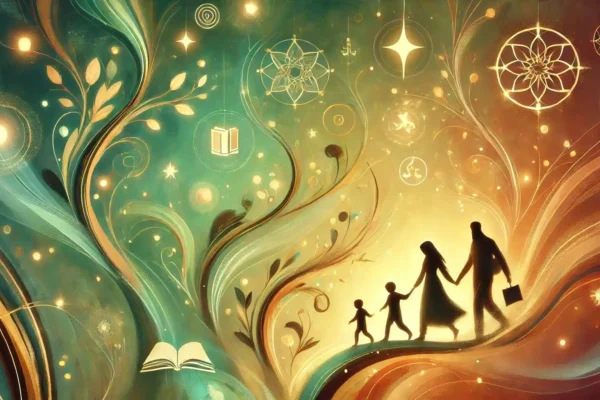 A warm, abstract digital illustration shows a family-centered journey through interactive learning. Silhouettes of children and parents walk along a glowing, branching path filled with icons of stars and books, symbolizing knowledge, compassion, and growth. The background features calming hues of green and gold, with soft edges and fluid lines that evoke a sense of spirituality and connection. The scene radiates tranquility, using smooth gradients and gentle glows to create an inviting, immersive atmosphere for learning together.