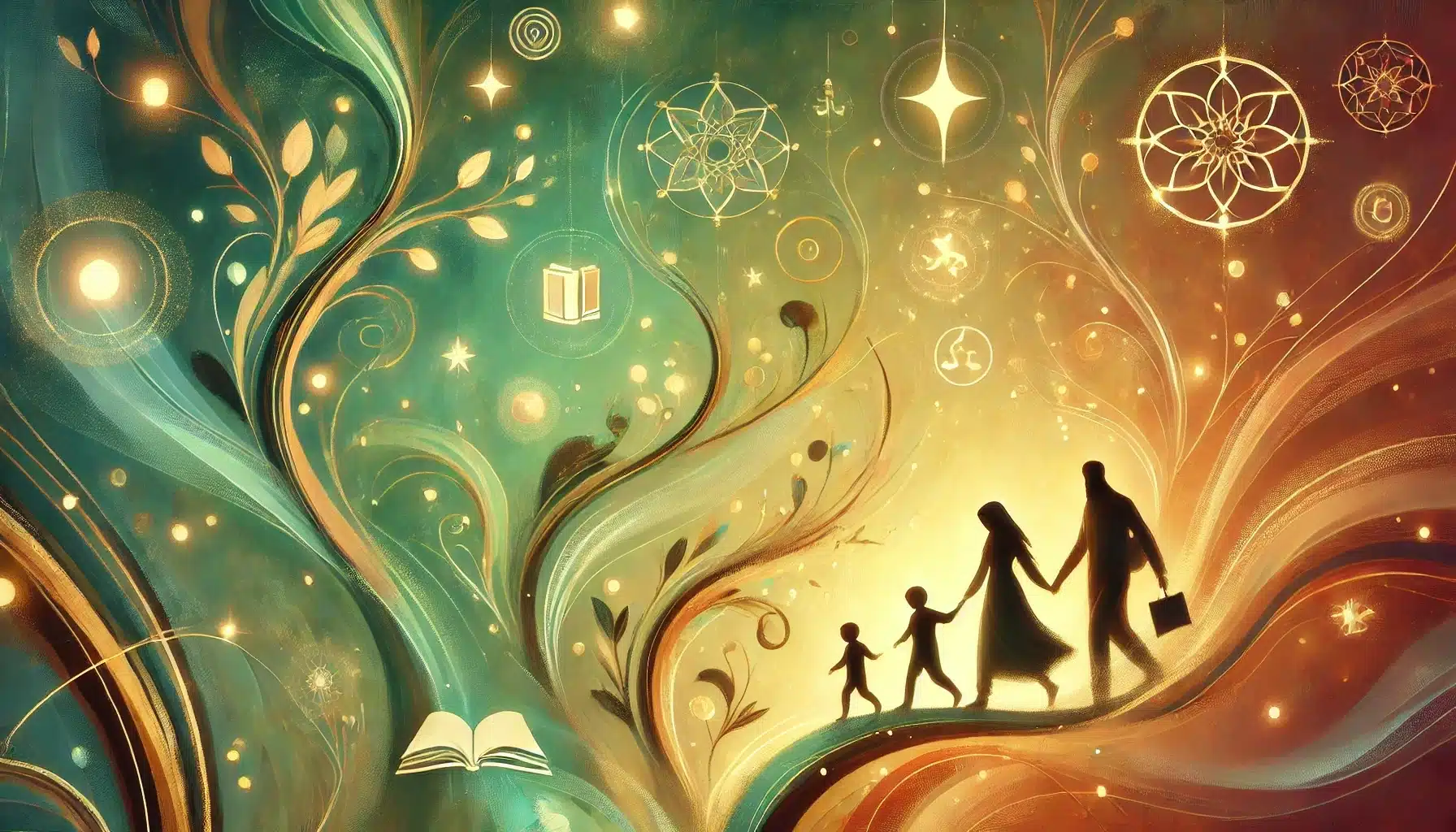 A warm, abstract digital illustration shows a family-centered journey through interactive learning. Silhouettes of children and parents walk along a glowing, branching path filled with icons of stars and books, symbolizing knowledge, compassion, and growth. The background features calming hues of green and gold, with soft edges and fluid lines that evoke a sense of spirituality and connection. The scene radiates tranquility, using smooth gradients and gentle glows to create an inviting, immersive atmosphere for learning together.