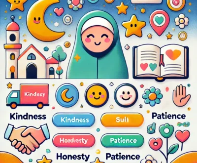 the abstract image for the interactive Islamic values app! It features lively icons and vibrant elements representing kindness, honesty, and patience, all set within a cheerful, inviting layout. The playful color scheme and symbolic icons encourage a fun and engaging learning experience for children.