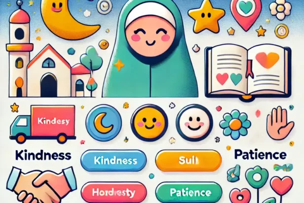 the abstract image for the interactive Islamic values app! It features lively icons and vibrant elements representing kindness, honesty, and patience, all set within a cheerful, inviting layout. The playful color scheme and symbolic icons encourage a fun and engaging learning experience for children.