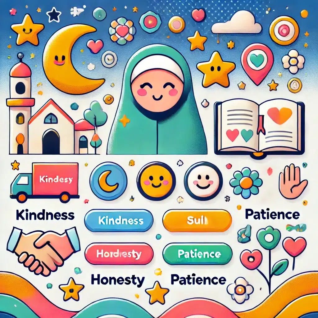 the abstract image for the interactive Islamic values app! It features lively icons and vibrant elements representing kindness, honesty, and patience, all set within a cheerful, inviting layout. The playful color scheme and symbolic icons encourage a fun and engaging learning experience for children.