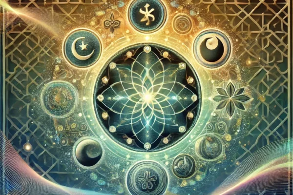 an abstract image representing a holistic approach to wellness from an Islamic perspective, capturing the harmony of mind, body, and soul with a serene and unified design. The blend of blue, green, and gold hues, along with the flowing lines and subtle geometric patterns, create a sense of peaceful integration grounded in tradition. This visual embodies a balanced, faith-aligned approach to wellness, suggesting a journey toward mental clarity, physical vitality, and spiritual growth.