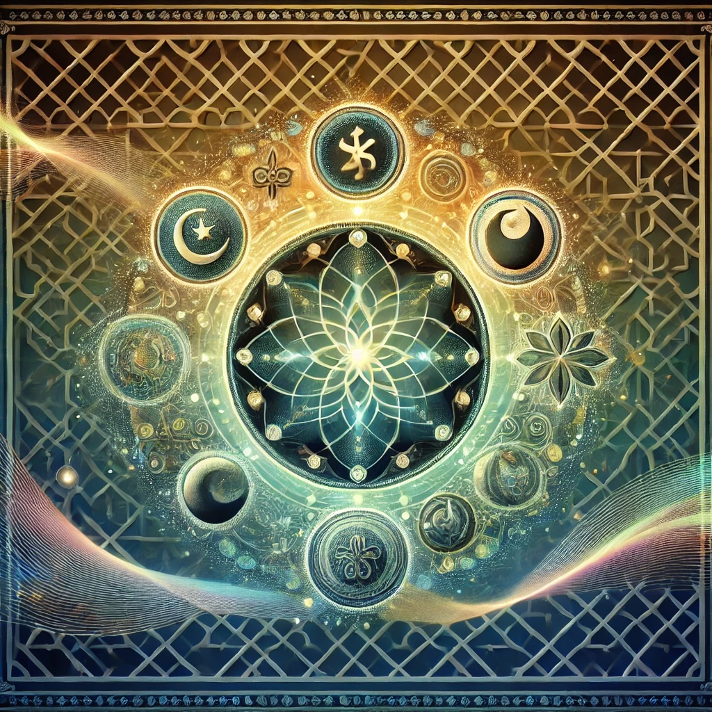 an abstract image representing a holistic approach to wellness from an Islamic perspective, capturing the harmony of mind, body, and soul with a serene and unified design. The blend of blue, green, and gold hues, along with the flowing lines and subtle geometric patterns, create a sense of peaceful integration grounded in tradition. This visual embodies a balanced, faith-aligned approach to wellness, suggesting a journey toward mental clarity, physical vitality, and spiritual growth.