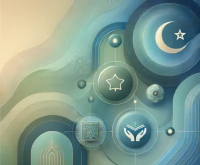 the abstract image representing the Islamic habit and goal-tracking app. It combines serene colors with symbols for prayer, Quran recitation, and charity, along with gentle Islamic geometric patterns.