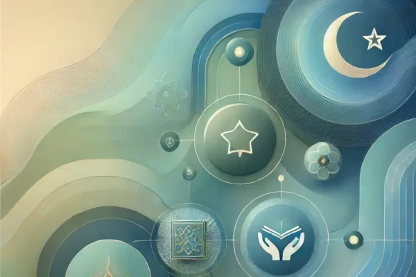 the abstract image representing the Islamic habit and goal-tracking app. It combines serene colors with symbols for prayer, Quran recitation, and charity, along with gentle Islamic geometric patterns.