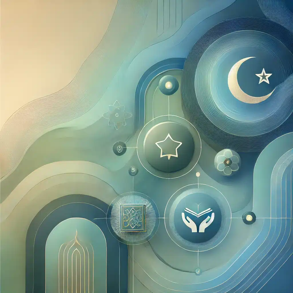 the abstract image representing the Islamic habit and goal-tracking app. It combines serene colors with symbols for prayer, Quran recitation, and charity, along with gentle Islamic geometric patterns.