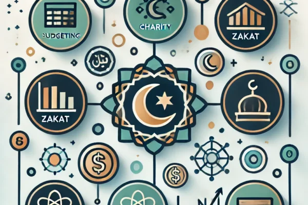 An abstract image representing a digital Islamic finance planner. It uses symbols for budgeting, sadaqah, zakat, and halal investments, all arranged within a balanced and harmonious design. The use of blues and greens with gold accents gives a sense of calm and prosperity, with subtle Islamic geometric patterns and crescents conveying structure and spiritual alignment.