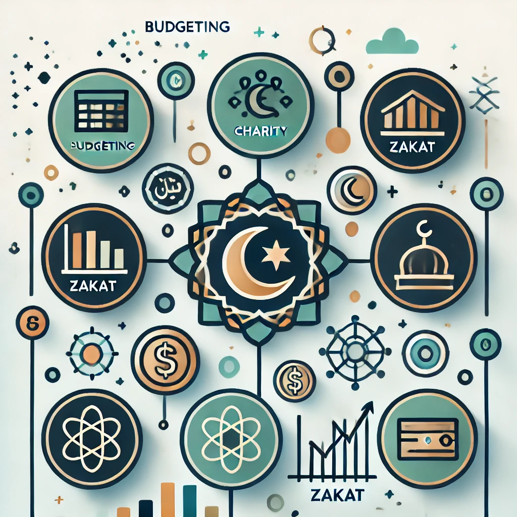 An abstract image representing a digital Islamic finance planner. It uses symbols for budgeting, sadaqah, zakat, and halal investments, all arranged within a balanced and harmonious design. The use of blues and greens with gold accents gives a sense of calm and prosperity, with subtle Islamic geometric patterns and crescents conveying structure and spiritual alignment.