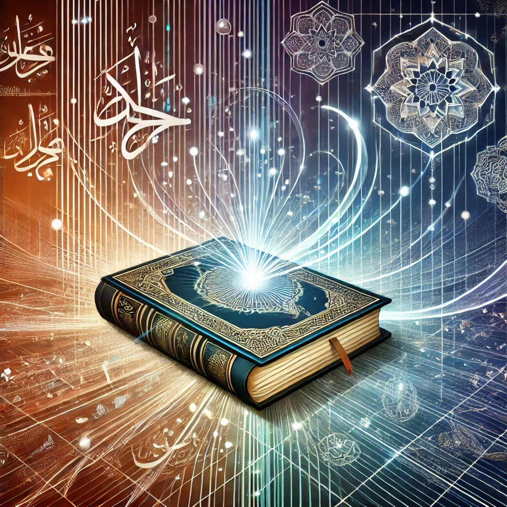 An abstract image representing Islamic universities, blending themes of knowledge, education, and growth with Islamic principles. The image features stylized motifs of an open book and a globe, symbolizing global learning and intellectual exploration. The book emits rays or lines of light that form patterns, suggesting the spread of wisdom and scholarly pursuit. Surrounding the book are subtle, geometric designs inspired by Islamic art, such as arabesque patterns and calligraphic curves. The background is a gradient of warm and cool colors, creating a sense of depth and connection to the digital world. Overall, the image conveys the idea of knowledge flowing from a source, reaching out to a worldwide audience, and fostering a sense of intellectual and spiritual growth.