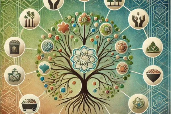 An abstract image capturing the essence of a Muslim community volunteering platform! The symbolic tree with branching icons, geometric Islamic patterns, and a soft, harmonious color palette illustrates the values of unity, purpose, and diverse community service.