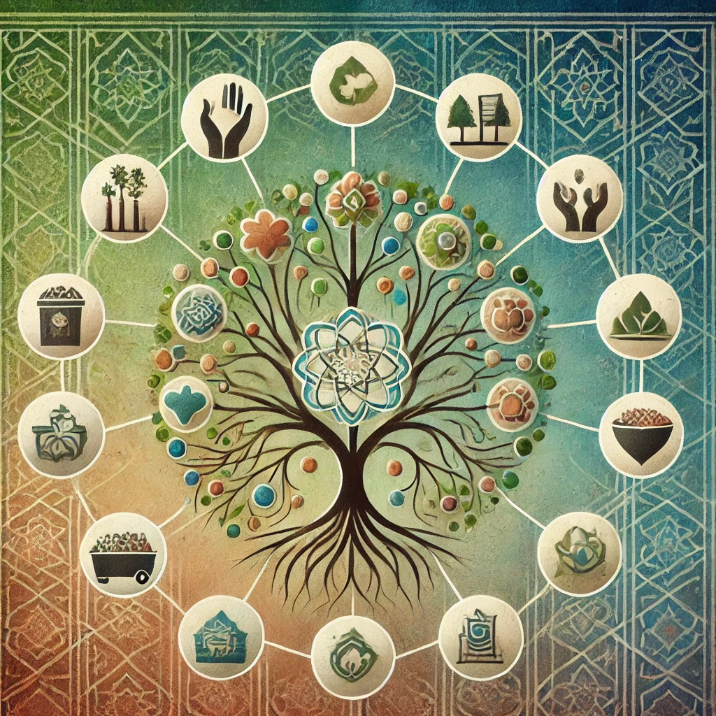 An abstract image capturing the essence of a Muslim community volunteering platform! The symbolic tree with branching icons, geometric Islamic patterns, and a soft, harmonious color palette illustrates the values of unity, purpose, and diverse community service.