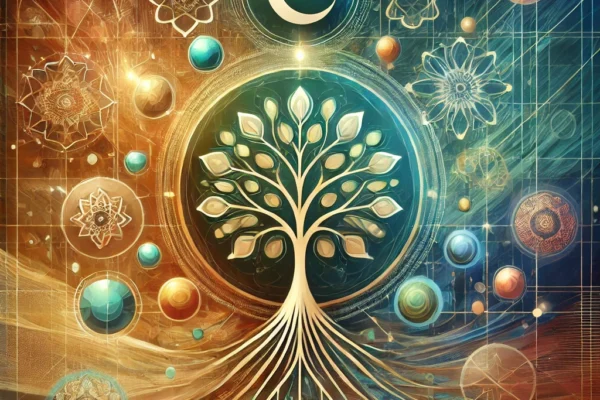 An abstract image representing a nurturing, online community for Muslim parents. It captures the essence of connection, support, and shared values, symbolized through the central tree with interconnected branches and nodes.