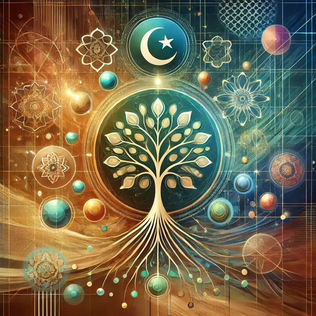 An abstract image representing a nurturing, online community for Muslim parents. It captures the essence of connection, support, and shared values, symbolized through the central tree with interconnected branches and nodes.