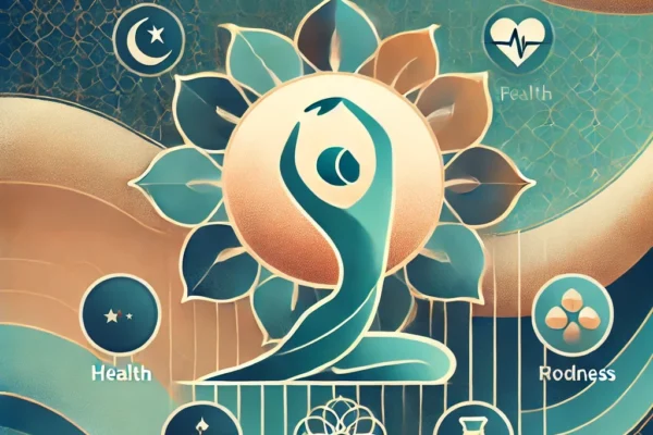 An abstract image based on your description! It visually captures the themes of health, faith, and modesty, with calming colors, Islamic-inspired patterns, and subtle icons for prayer, wellness, and prophetic dietary elements.