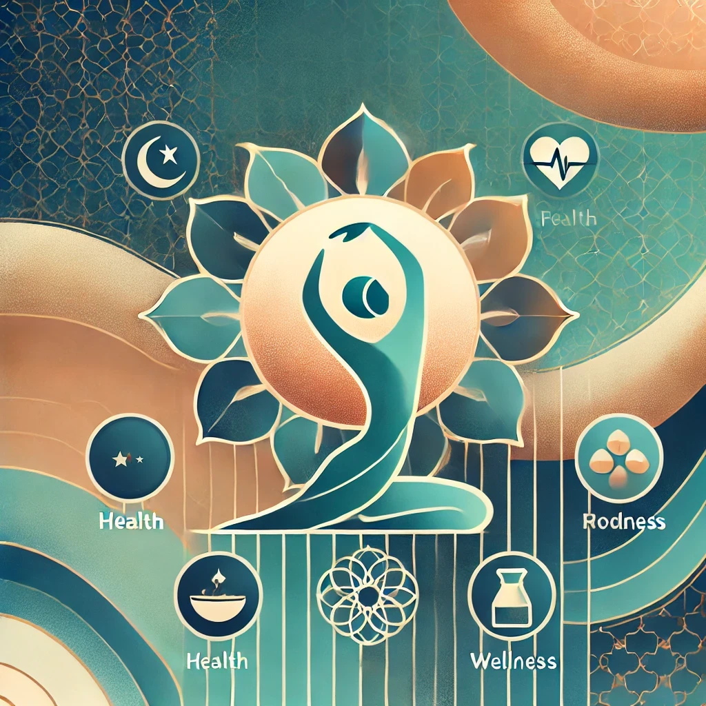 An abstract image based on your description! It visually captures the themes of health, faith, and modesty, with calming colors, Islamic-inspired patterns, and subtle icons for prayer, wellness, and prophetic dietary elements.