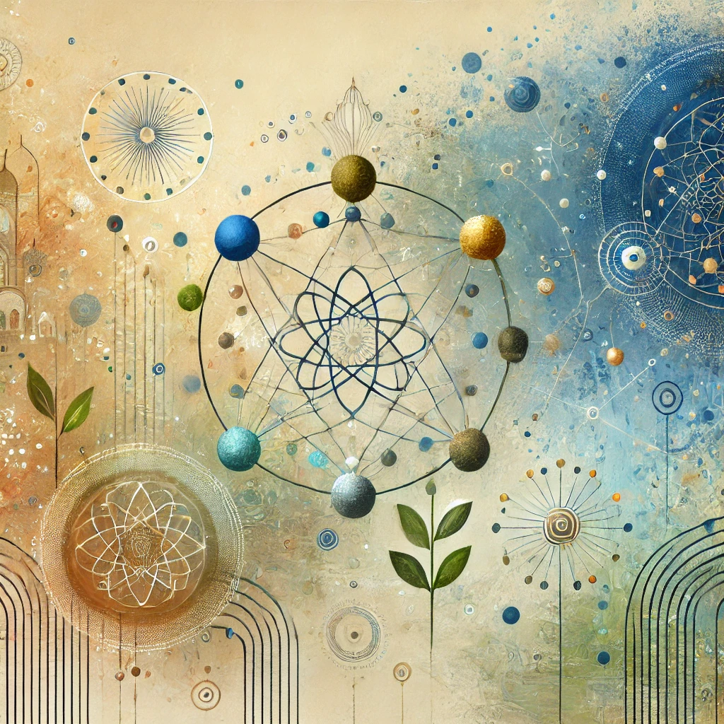 an abstract illustration symbolizing a supportive digital community for new Muslims. It uses interconnected lines and gentle circular shapes to convey inclusivity, unity, and mentorship, with soft blues, greens, and golden hues adding a warm, welcoming feel. Elements like sprouting plants and light rays subtly suggest growth and guidance within the community.