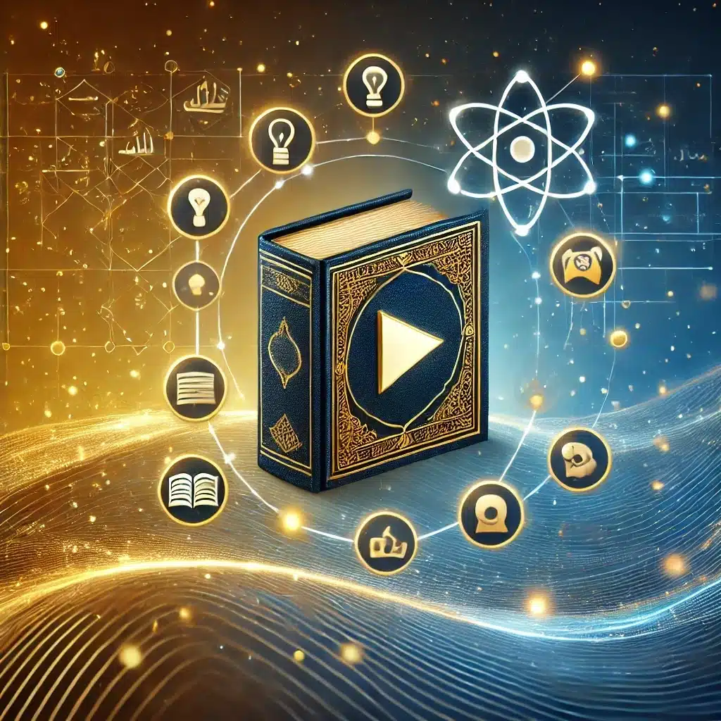 An abstract image representing a video library for Islamic institutions and businesses. The background is a blend of dark blue and gold hues, symbolizing knowledge and wisdom. In the center, there are stylized play icons and symbols like a book, a lightbulb, and a network node, signifying learning, insights, and digital connectivity. Flowing lines connect the icons, creating a sense of continuous growth and engagement. The image has a clean and modern aesthetic, suitable for a professional digital resource platform.