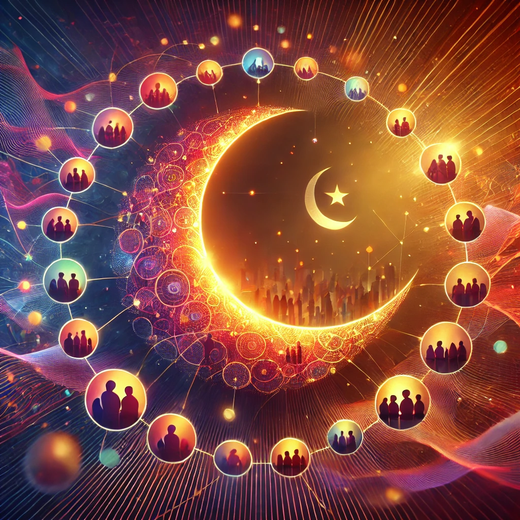 An abstract image representing the "Virtual Iftar Exchange Platform." It captures the warmth of global connections during Ramadan, symbolized by a glowing crescent moon, vibrant circles, and softly lit screens.